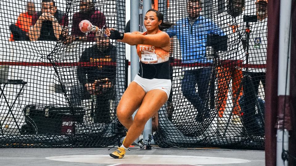 Giavonna Meeks turning in the weight throw circle on her way to the 2026 SEC indoor title