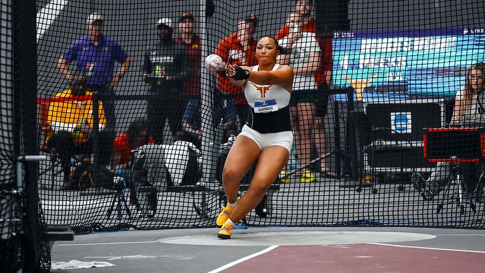 Giavonna Meeks throwing at the 2026 NCAA Indoor Championships, where she won bronze